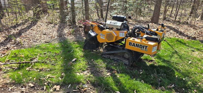 Tracked stump grinder removing a stump on a wooded lot in Calvert County, Maryland